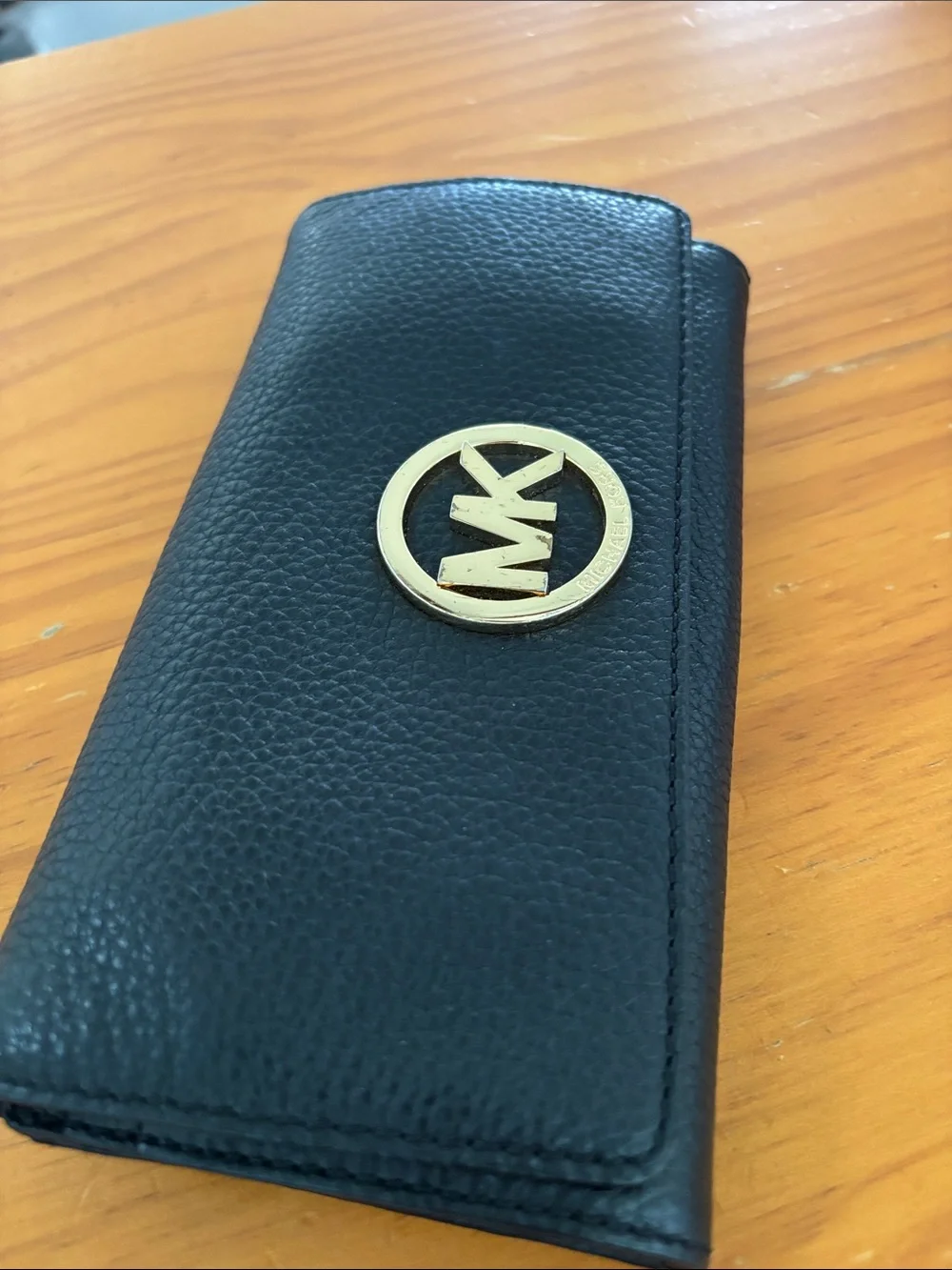 Michael Kors Black Pebbled Leather Logo Continental Wallet with Gold Hardware